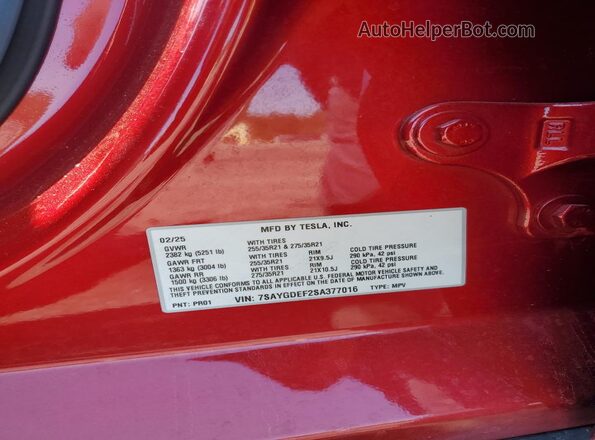 7SAYGDEF2SA377016 2025 TESLA MODEL Red Vista del compartimento del motor