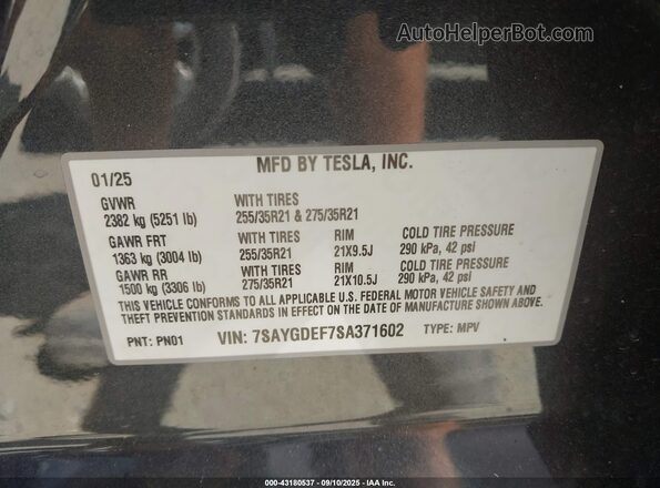 7SAYGDEF7SA371602 2025 TESLA MODEL Y Black ძრავის განყოფილების ხედი