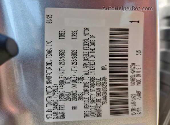 7SVAAABA1SX056784 2025 TOYOTA SEQUOIA Silver Widok naklejki z numerem VIN