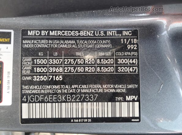 4JGDF6EE3KB227337 2019 MERCEDES-BENZ GLS Gray Vista interior de 360 grados