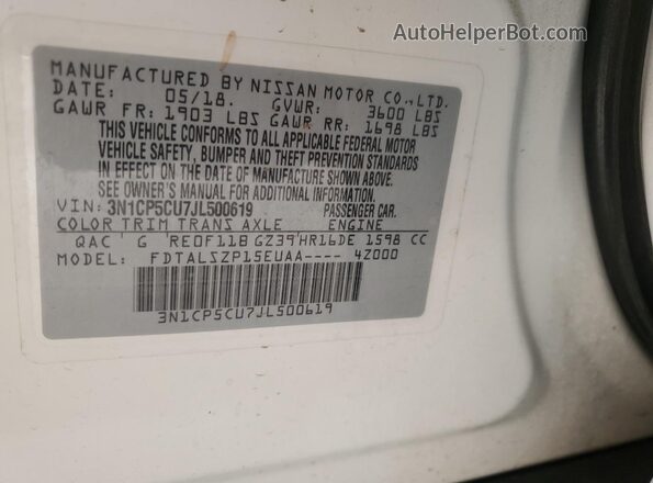 3N1CP5CU7JL500619 2018 NISSAN KICKS Белый Вид наклейки с VIN-кодом