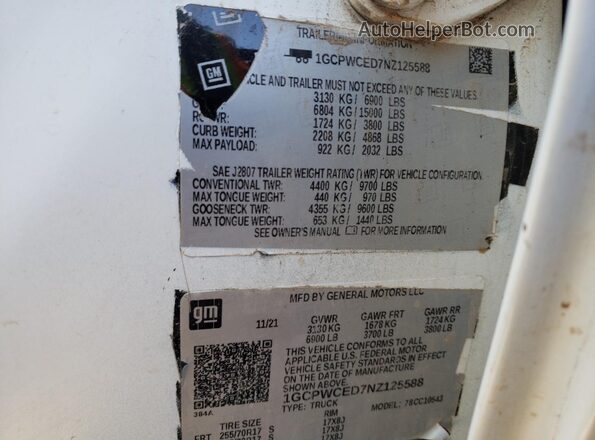 1GCPWCED7NZ125588 2022 CHEVROLET SILVERADO Белый Вид наклейки с VIN-кодом