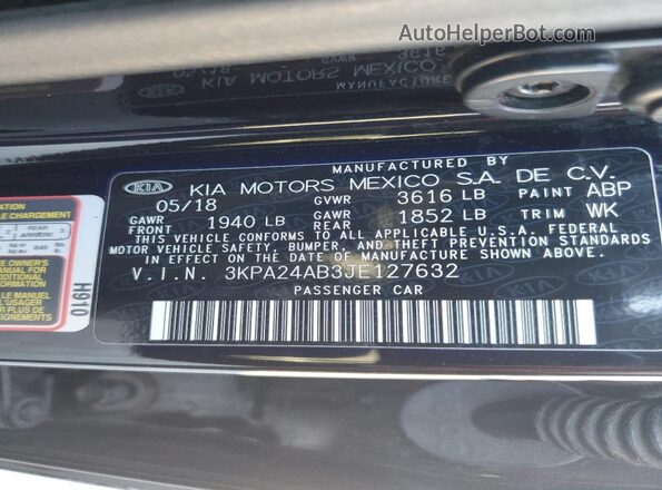 3KPA24AB3JE127632 2018 KIA RIO Черный Вид наклейки с VIN-кодом