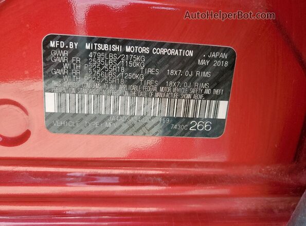 JA4AD3A34JZ067159 2018 MITSUBISHI OUTLANDER Red VIN კოდის სტიკერის ხედი