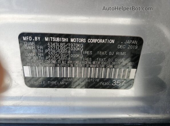 JA4AR3AU5LU021270 2020 MITSUBISHI OUTLANDER Silver VIN კოდის სტიკერის ხედი