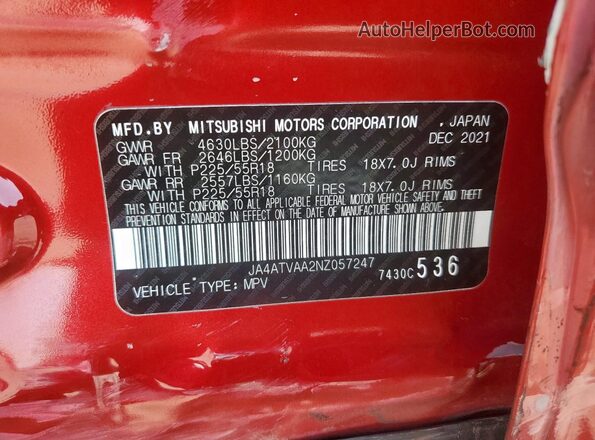 JA4ATVAA2NZ057247 2022 MITSUBISHI ECLIPSE Red VIN կոդի պիտակի տեսք