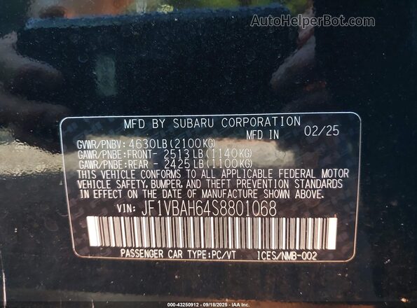 JF1VBAH64S8801068 2025 SUBARU WRX Черный Вид подкапотного пространства