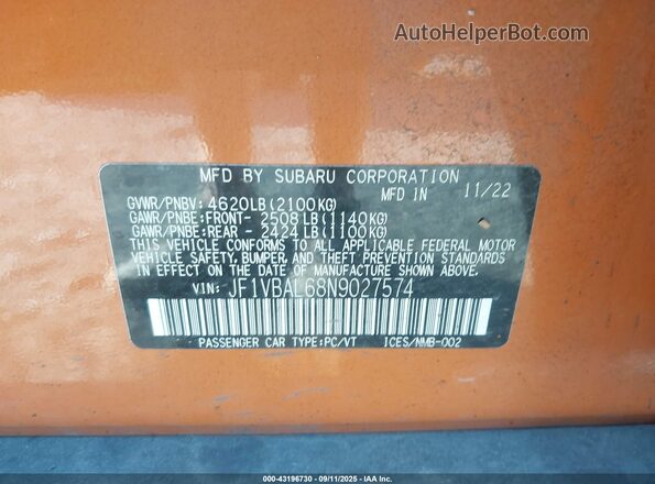 JF1VBAL68N9027574 2022 SUBARU WRX Оранжевый Вид подкапотного пространства