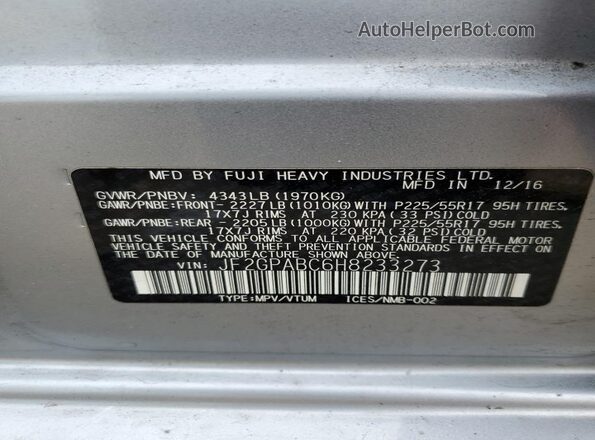 JF2GPABC6H8233273 2017 SUBARU CROSSTREK Silver VIN կոդի պիտակի տեսք