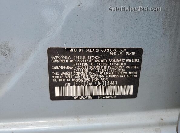 JF2GTAAC7JG314940 2018 SUBARU CROSSTREK Blue VIN sticker view