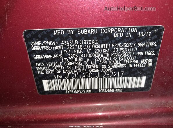 JF2GTABC1JH252217 2018 SUBARU CROSSTREK Red Շարժիչի բաժամունքի տեսք