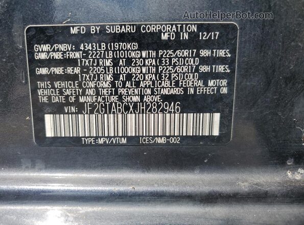 JF2GTABCXJH282946 2018 SUBARU CROSSTREK Gray ძრავის განყოფილების ხედი