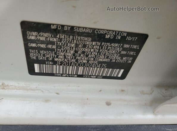 JF2GTADC0JH240475 2018 SUBARU CROSSTREK Белый Вид наклейки с VIN-кодом