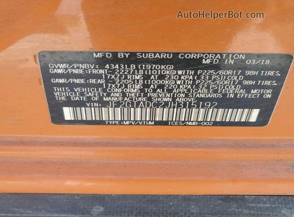 JF2GTADC2JH315192 2018 SUBARU CROSSTREK Orange VIN կոդի պիտակի տեսք