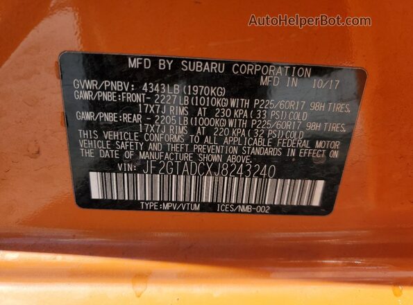 JF2GTADCXJ8243240 2018 SUBARU CROSSTREK Orange VIN კოდის სტიკერის ხედი