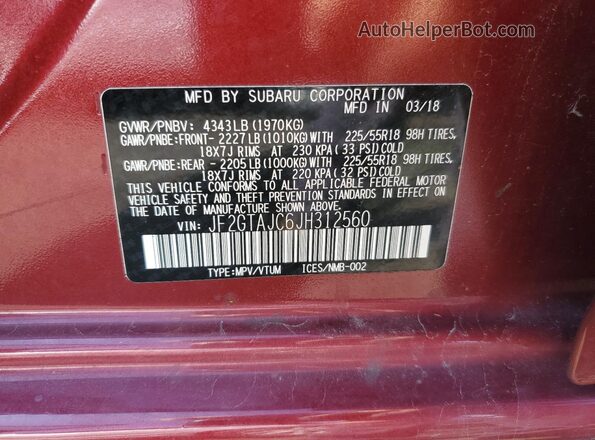 JF2GTAJC6JH312560 2018 SUBARU CROSSTREK Maroon VIN კოდის სტიკერის ხედი