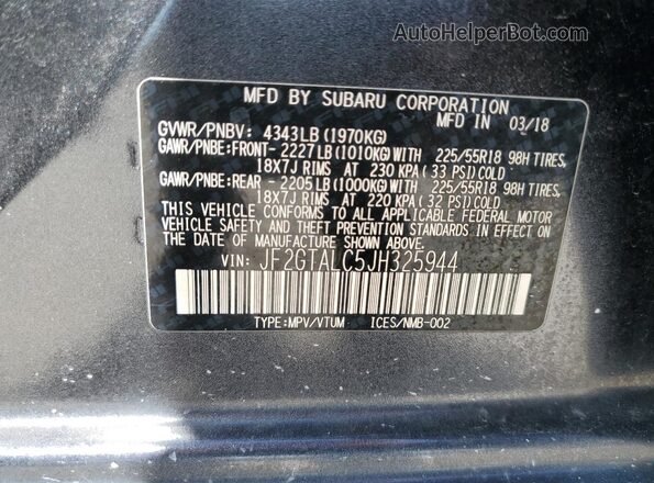 JF2GTALC5JH325944 2018 SUBARU CROSSTREK Серый Вид наклейки с VIN-кодом