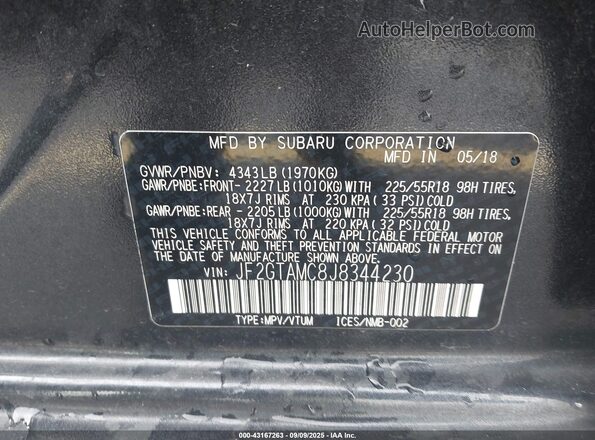 JF2GTAMC8J8344230 2018 SUBARU CROSSTREK Gray Engine compartment view