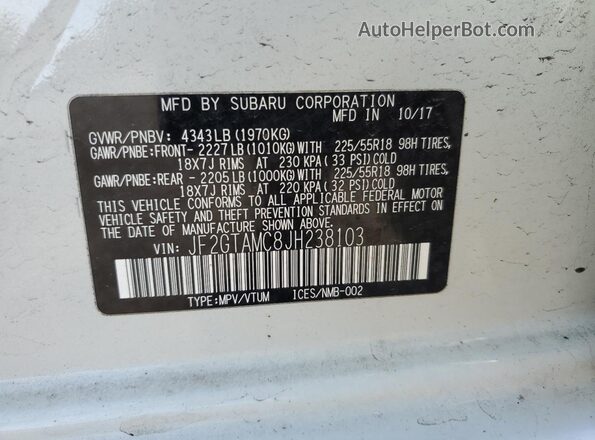 JF2GTAMC8JH238103 2018 SUBARU CROSSTREK White VIN კოდის სტიკერის ხედი