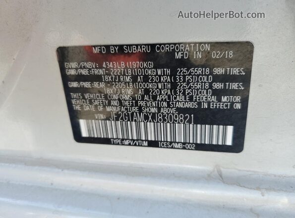 JF2GTAMCXJ8309821 2018 SUBARU CROSSTREK White VIN կոդի պիտակի տեսք