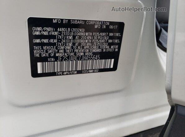 JF2SJABC7JH455645 2018 SUBARU FORESTER 2.5 White VIN კოდის სტიკერის ხედი