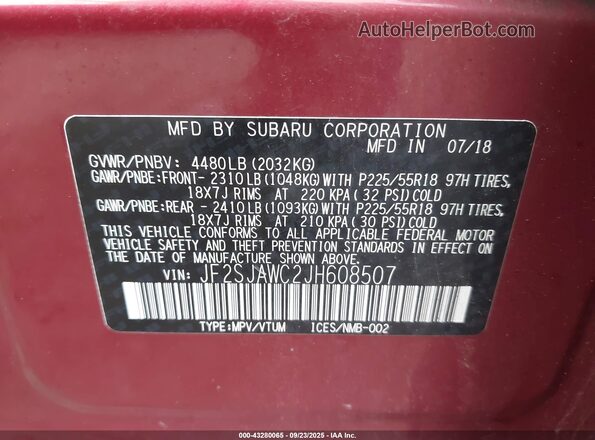 JF2SJAWC2JH608507 2018 SUBARU FORESTER Бордовый Вид подкапотного пространства
