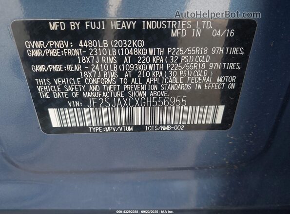 JF2SJAXCXGH556955 2016 SUBARU FORESTER 2.5I TO Синий Вид подкапотного пространства
