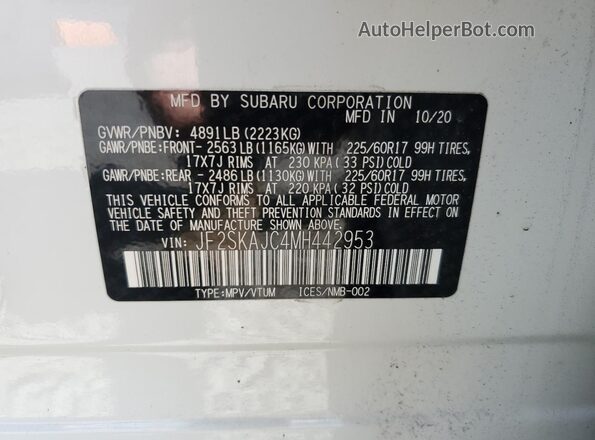JF2SKAJC4MH442953 2021 SUBARU FORESTER White VIN sticker view