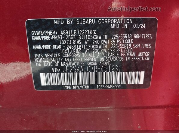 JF2SKALC7RH491231 2024 SUBARU FORESTER Red Engine compartment view