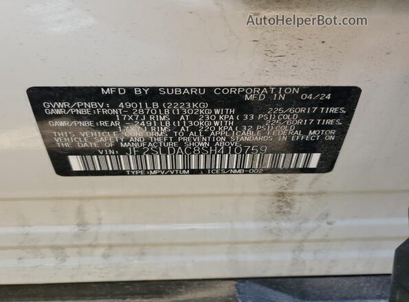 JF2SLDAC8SH410759 2025 SUBARU FORESTER White Widok naklejki z numerem VIN
