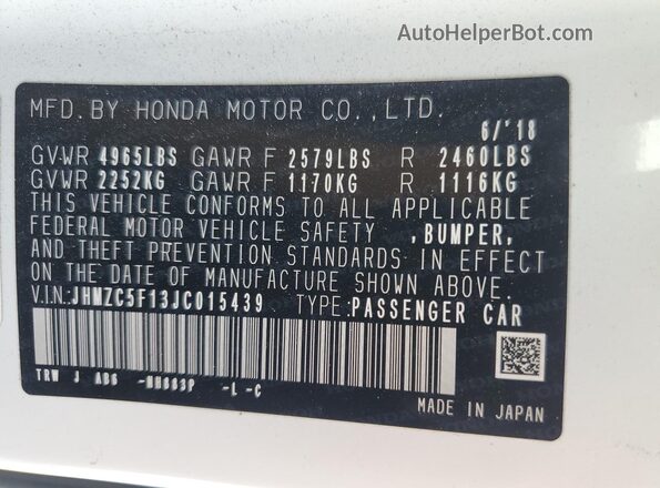 JHMZC5F13JC015439 2018 HONDA CLARITY Белый Вид наклейки с VIN-кодом