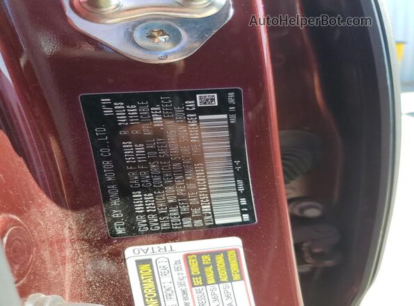 JHMZC5F16JC020375 2018 HONDA CLARITY Burgundy VIN կոդի պիտակի տեսք