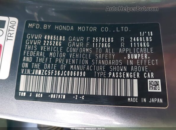 JHMZC5F36JC006090 2018 HONDA CLARITY PLUG-IN HYBRID Gray Engine compartment view