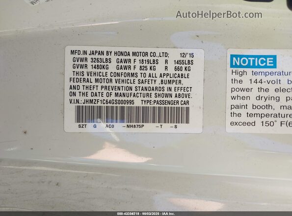 JHMZF1C64GS000995 2016 HONDA CR-Z White Widok komory silnika