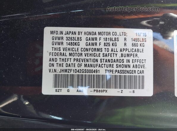 JHMZF1D42GS000491 2016 HONDA CR-Z Фиолетовый Вид подкапотного пространства
