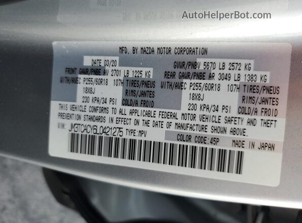 JM3TCACY6L0421275 2020 MAZDA CX-9 Silver Widok naklejki z numerem VIN
