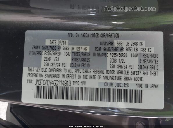 JM3TCADY4G0114918 2016 MAZDA CX-9 Brown Вид підкапотного простору