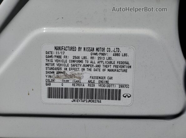 JN1EV7AP2JM362744 2018 INFINITI Q50 Белый Вид наклейки с VIN-кодом