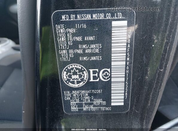 JN8AF5MV6HT752287 2017 NISSAN JUKE Black Շարժիչի բաժամունքի տեսք