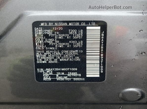 JN8AY2BA1M9371009 2021 NISSAN ARMADA Gray VIN sticker view