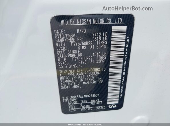 JN8AZ2AE4M9268507 2021 INFINITI QX80 White Vista del compartimento del motor