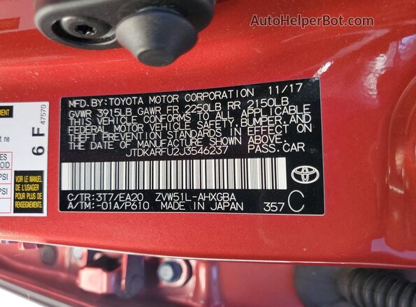 JTDKARFU2J3546237 2018 TOYOTA PRIUS Red Շարժիչի բաժամունքի տեսք