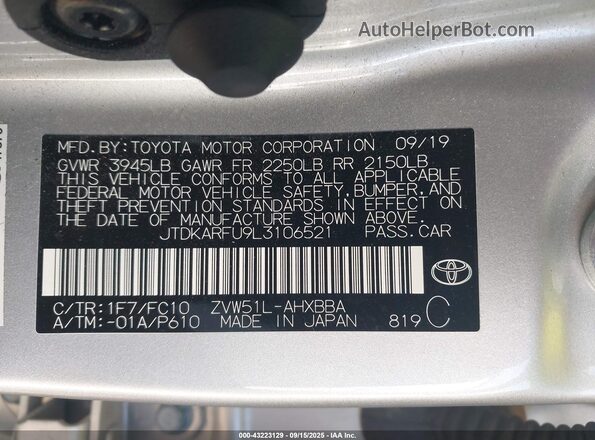 JTDKARFU9L3106521 2020 TOYOTA PRIUS Серебряный Вид подкапотного пространства