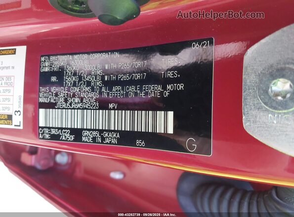 JTERU5JR6M5945223 2021 TOYOTA 4RUNNER Maroon Вид підкапотного простору
