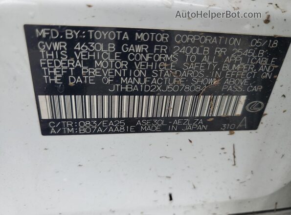 JTHBA1D2XJ5078084 2018 LEXUS IS White VIN կոդի պիտակի տեսք