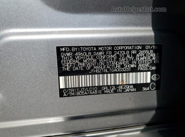 JTHBZ1BL1GA003231 2016 LEXUS GS Silver Vista de la etiqueta del VIN