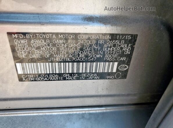 JTHBZ1BL7GA001547 2016 LEXUS GS Серебряный Вид наклейки с VIN-кодом