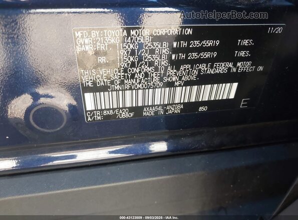 JTMN1RFV0MD075709 2021 TOYOTA LIMITED Blue ძრავის განყოფილების ხედი
