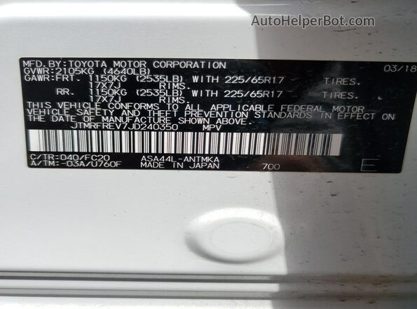 JTMRFREV7JD240350 2018 TOYOTA RAV4 White VIN կոդի պիտակի տեսք
