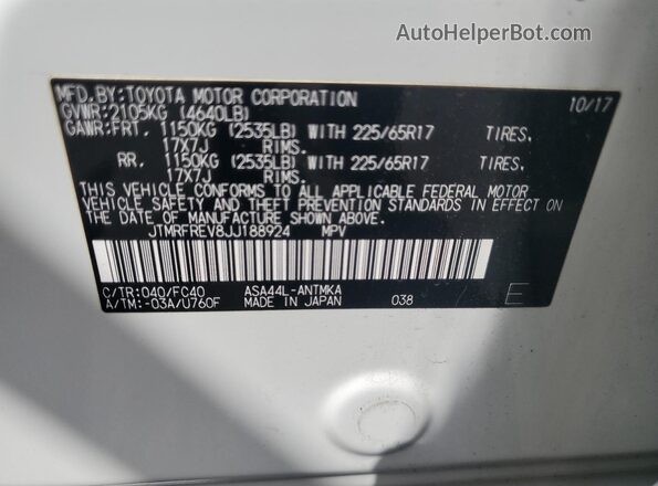 JTMRFREV8JJ188924 2018 TOYOTA RAV4 White Widok naklejki z numerem VIN